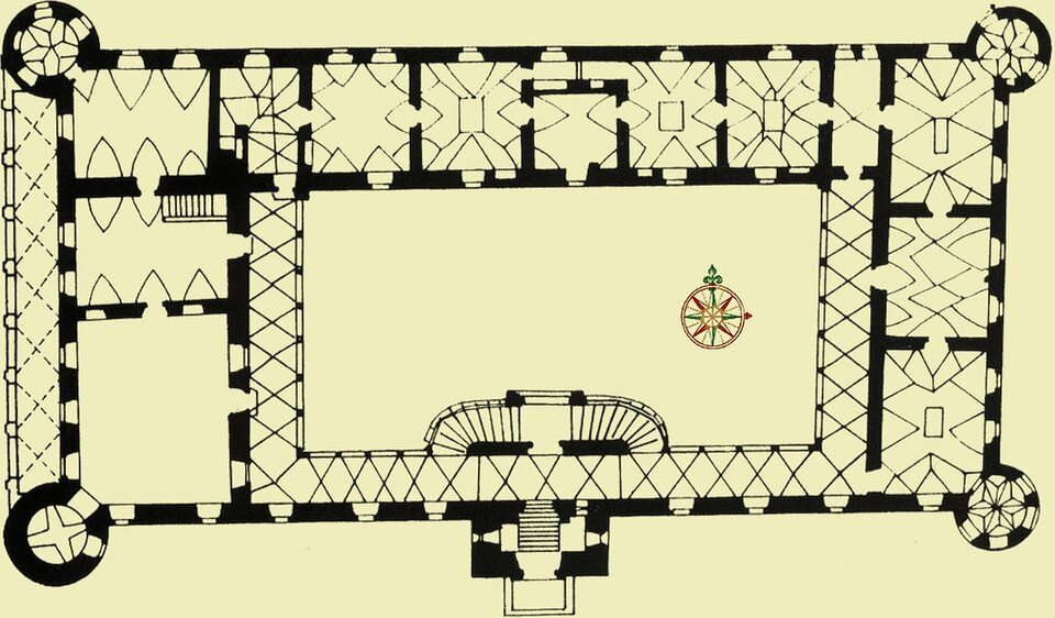Ilustracja przedstawia plan zamku w Baranowie Sandomierskim. W skład planu zamku wchodzi galeria Tylmanowska, klatka schodowa na dziedzińcu, sala portretowa i baszta Falconiego.