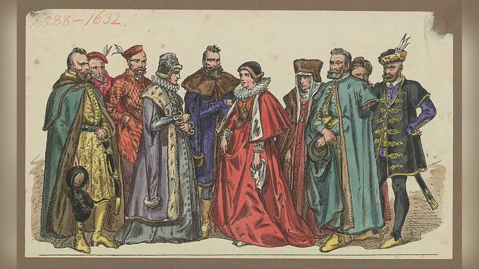 Obraz przedstawia grupę trzech kobiet i siedmiu mężczyzn w strojach szlacheckich. Jedna kobieta jest w średnim, dwie pozostałe w starszym wieku. Noszą strojne suknie i czapki ozdobione futrem. Na szyjach mają szerokie kryzy. Mężczyźni noszą żupany i kontusze, ozdobione futrzanymi kołnierzami, na nogach mają buty z cholewami. Jeden z mężczyzn wyróżnia się, gdyż nosi obcisłe rajtuzy i krótki, do kolan, zdobiony haftem kubrak. U boków mają przypięte szable. Wszyscy mężczyźni mają podgolone głowy, brody i wąsy. Czterech ma na głowie czapki szlacheckie z piórami. 