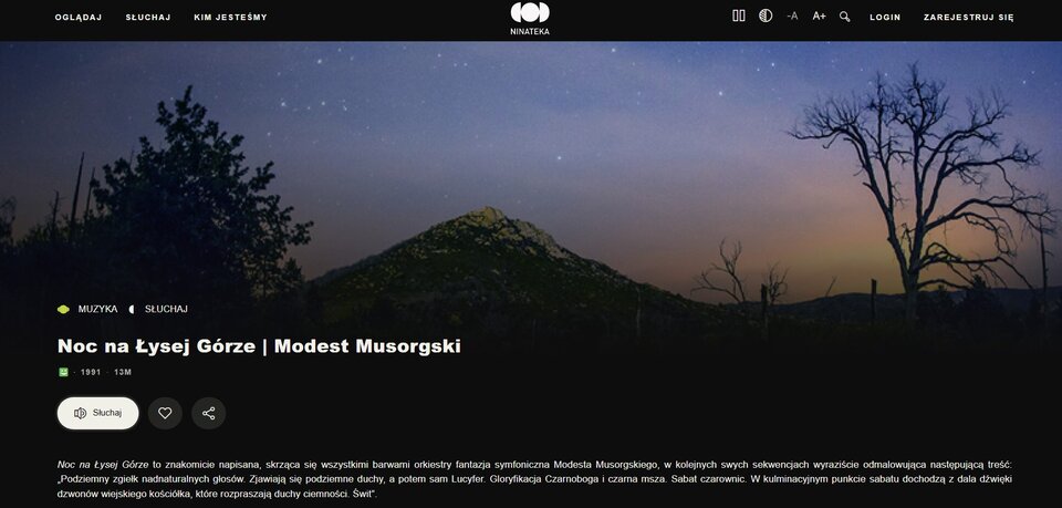 Ilustracja przedstawia ekran startowy strony internetowej - jest to słuchowisko zatytułowane: Modest Musorgski, Noc na Łysej Górze. Na ilustracji, oprócz tytułu widać wzgórze, nad nim ciemne niebo z oznakami wschodzącego słońca. Po obu stronach wzgórza rosną drzewa. 
