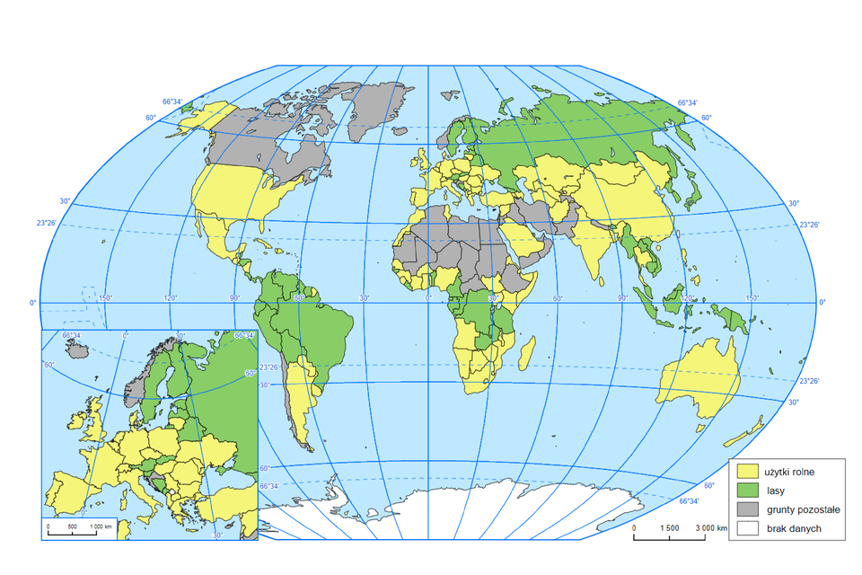 Mapa świata przedstawia formy użytkowania ziemi. Zaznaczone są powierzchnie całych krajów. Użytki rolne dominują między innymi w Stanach Zjednoczonych, Meksyku, Argentynie, zachodniej Europie, w Polsce, na Ukrainie, w Kazachstanie, Mongolii, Chinach, Indiach, Australii, Republice Południowej Afryki, Angoli, Namibii, Zimbabwe, Mozambiku, Nigerii, Arabii Saudyjskiej. Lasy dominują między innymi w Demokratycznej Republice Kongo, Tanzanii, Zambii, Kamerunie, Szwecji, Finlandii, Rosji, Białorusi, Japonii, Malezji, Indonezji, Brazylii, Chile, Peru Kolumbii. Grunty pozostałe dominują w Kanadzie, Iranie, Jemenie, Omanie, Sudanie, Egipcie, Libii, Algierii, Czadzie, Nigrze, Mali, Mauretanii, Etiopii.