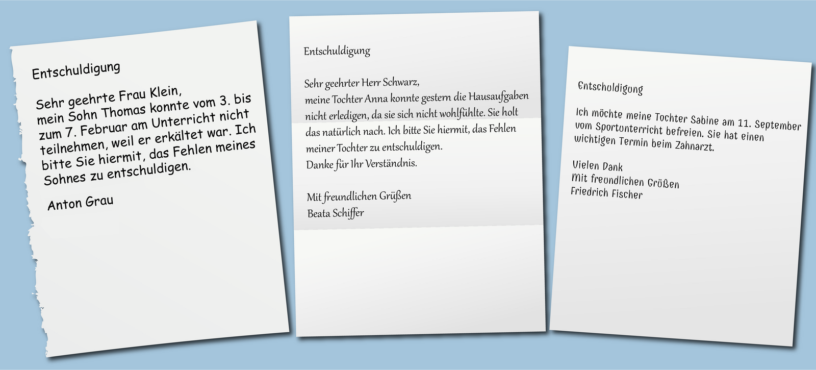 Ilustracja przedstawia niebieskie tło, na którym znajdują się trzy karteczki z tekstem. Transkrypcja dostępna poniżej.