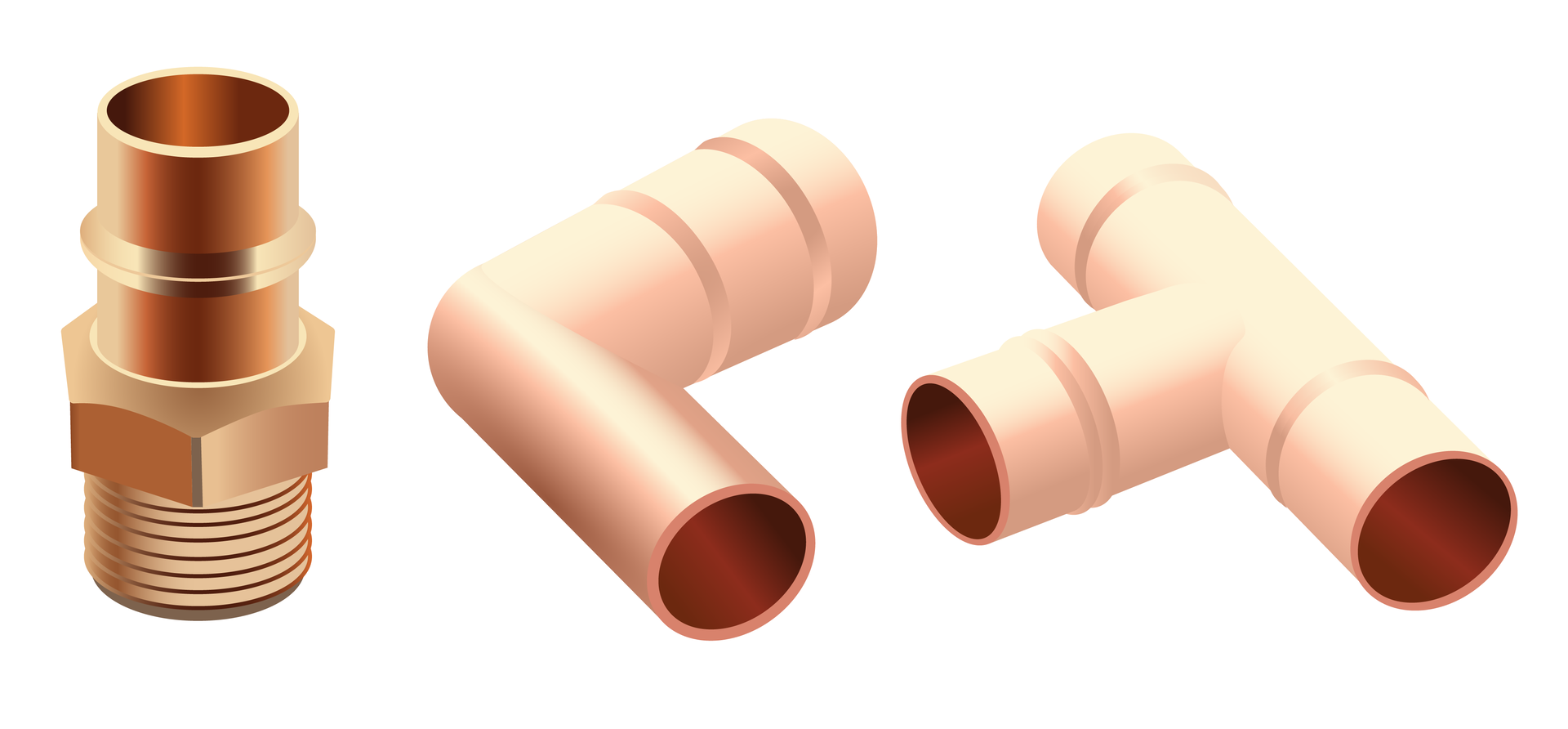 Grafika ukazuje trzy złączki miedziane. Pierwsza jest prosta, zakończona z jednej strony gwintem, druga ma kształt kolana, a trzecia to trójnik.