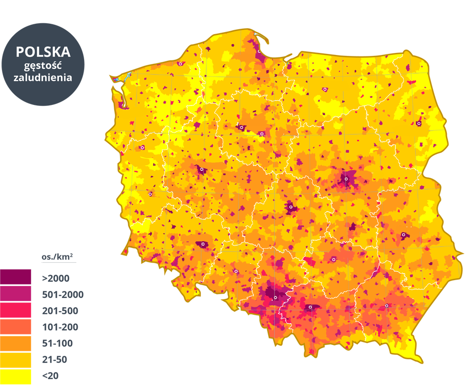 Na ilustracji przedstawiono mapę Polski z gęstością zaludnienia. Na mapie kolorami w postaci plam zaznaczono gęstość zaludnienia od poniżej 20 do powyżej 2000. Z dużą gęstością zaludnienia wyróżnia się południe Polski głównie województwo śląskie i małopolskie, a także okolice dużych miast jak, Warszawa, Łódź, Lublin, Poznań, Wrocław, Szczecin, Gdańsk. Wartości wynoszą powyżej 2000 osób na kilometr kwadratowy oraz od 501 do 2000.  