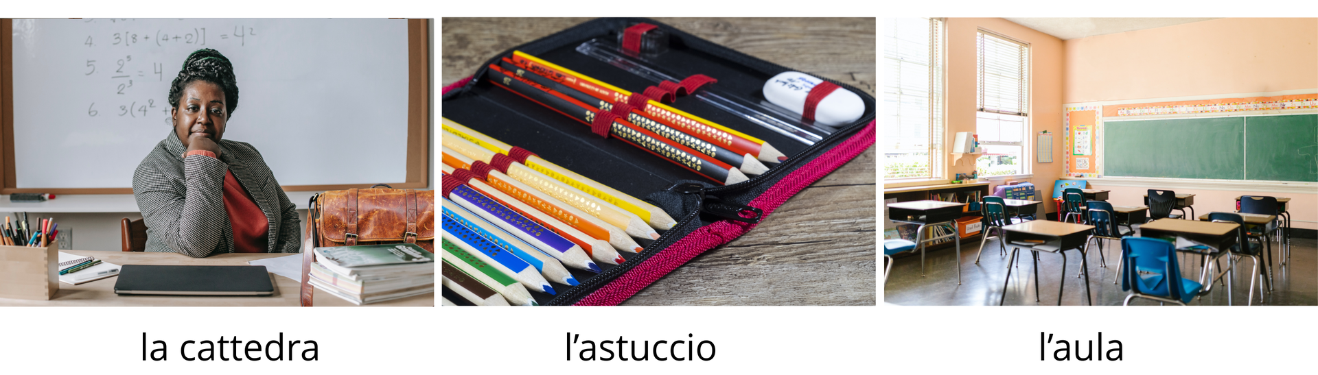 Ilustracja składa się z trzech zdjęć. Na zdjęciu po lewej widać czarnoskórą kobietę siedzącą przy biurku szkolnym, W tle widać tablicę szkolną. Na środkowym zdjęciu znajduje się otwarty piórnik z przyborami szkolnymi. Zdjęcie po prawej przedstawia wnętrze klasy szkolnej.