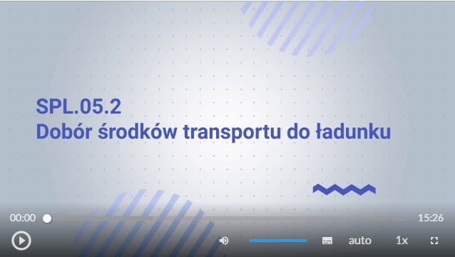 Grafika przedstawia przykładowy widok planszy animacji. Tytuł: S P L kropka zero pięć kropka dwa Dobór środków transportu do ładunku. Poniżej znajduje się menu w poziomie, a w nim od lewej: przycisk uruchomienia i pauzowania filmu, wybór poziomu głośności, opcja włączenia napisów, opcja włączenia audiodeskrypcji, opcja auto, opcja ustawienia prędkości odtwarzania, opcja trybu ekranowego.