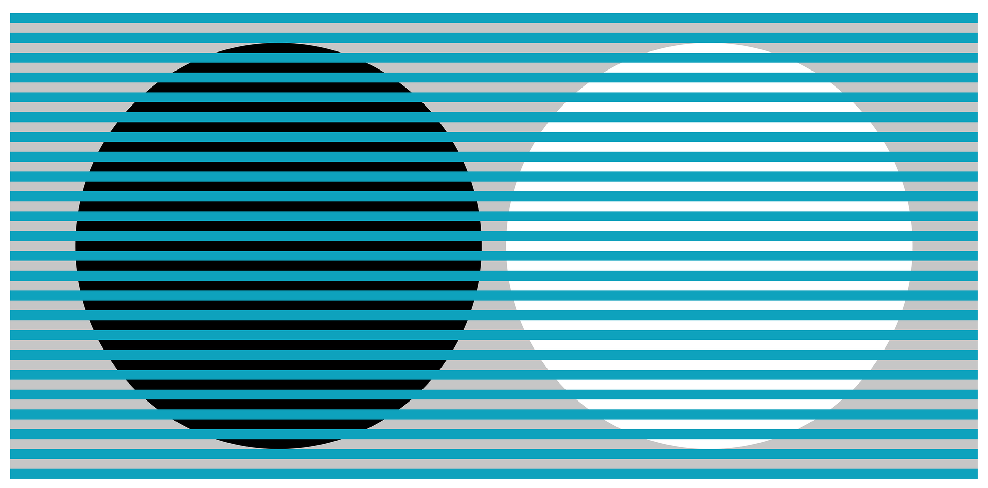 Ilustracja przedstawia dwa duże okręgi – biały i czarny na szarym tle. Przez całą ilustrację biegną turkusowe, poziome, dość wąskie, równoległe do siebie paski, rozlokowane w takich samych odległościach jak ich grubość, które przecinają również okręgi. 
