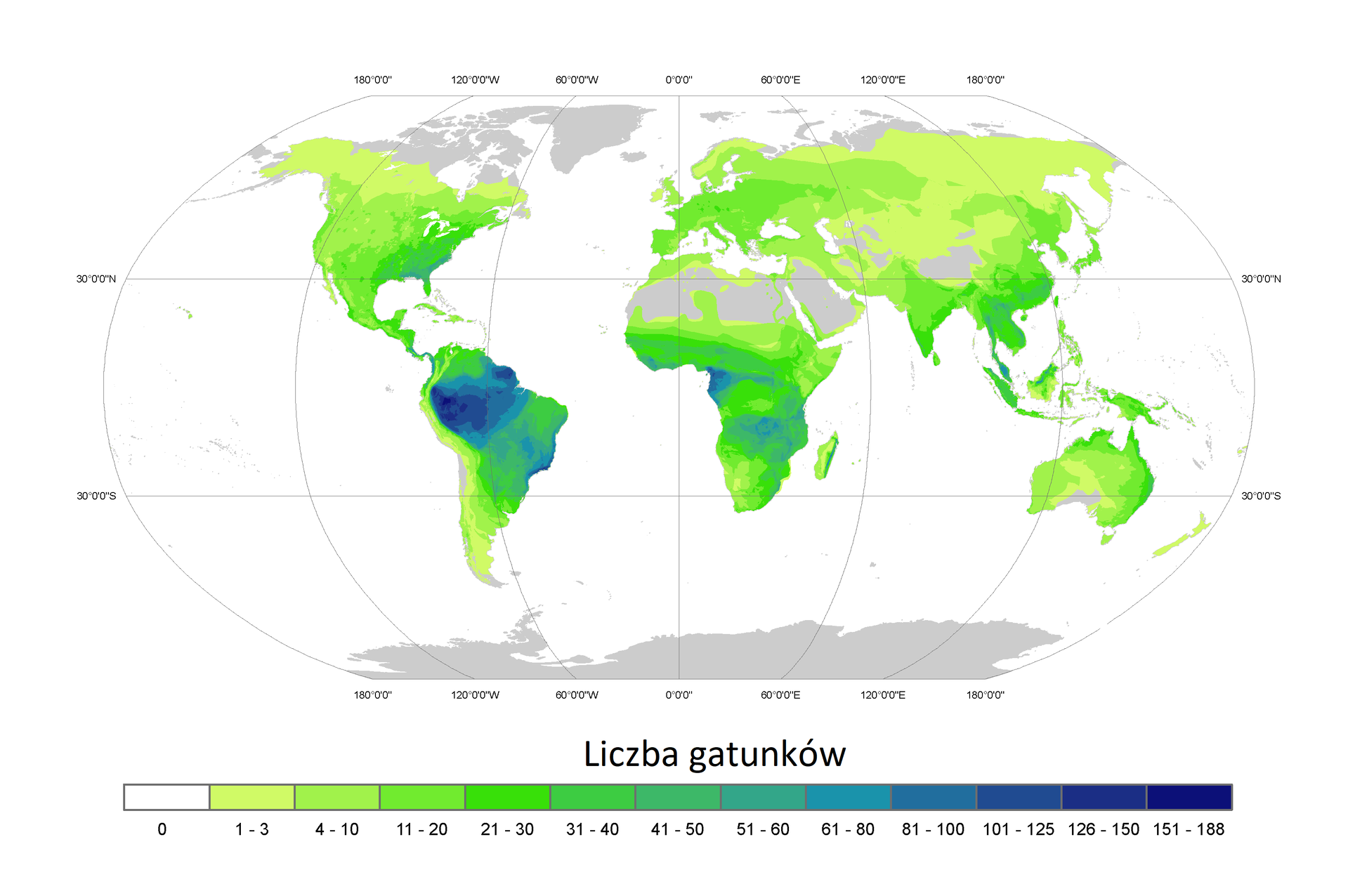 Mapa przedstawia występowanie płazów na świecie w 2021 roku. Najwięcej płazów występuje w strefie międzyzwrotnikowej. Występują również w strefach umiarkowanych. Nie występują w strefach podbiegunowych oraz na pustyniach.
