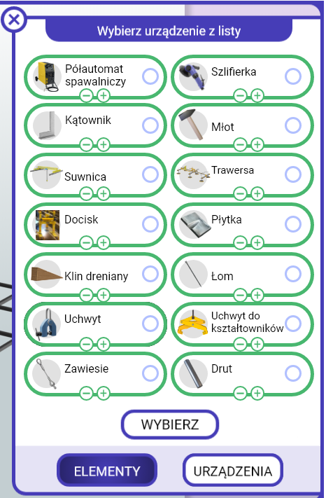 Grafika przedstawia listę wyboru urządzeń w symulatorze. Widać czternaście urządzeń. Przy każdym znajdują się dwa przyciski: plusa i minusa. Za ich pomocą wybiera się liczbę potrzebnych urządzeń. Pod urządzeniami znajduje się przycisk wybierz, zatwierdzający wybór.