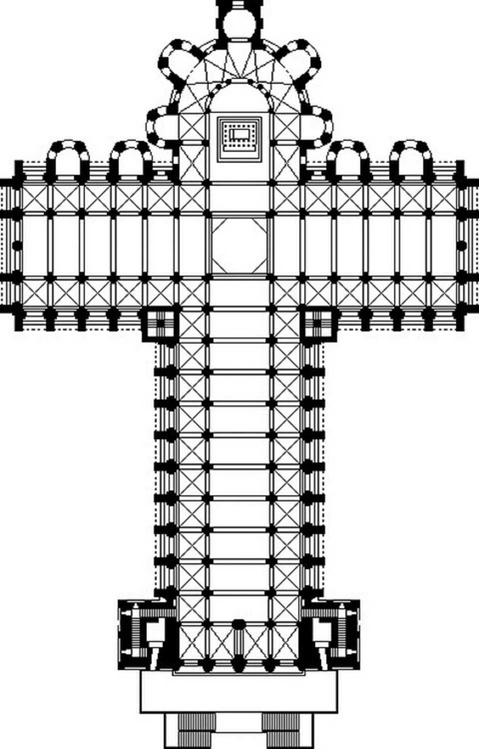 Ilustracja o kształcie pionowego prostokąta przedstawia plan katedry Santiago de Compostela w Hiszpanii. Czarno‑biały schemat zawiera podziały kompozycyjne planu opartego na łacińskim krzyżu z wieżami, nawą główną, nawami bocznymi, prezbiterium, obejściem, apsydą i kapliczkami. 