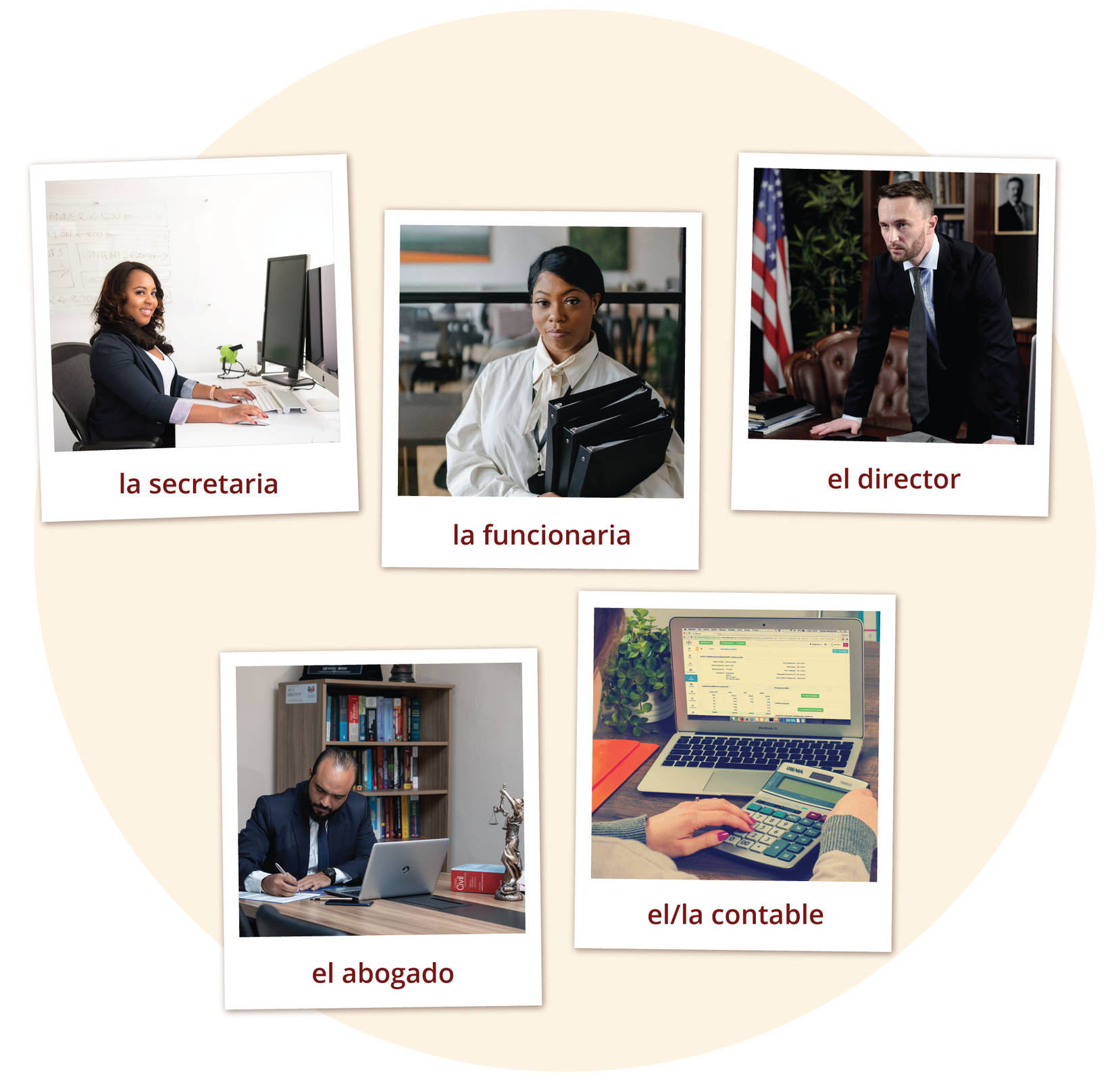 Grafika z hiszpańskim słownictwem dotyczącym prac biurowych. Na grafice znajduje się pięć zdjęć z podpisami.
Zdjęcie elegancko ubranej kobiety siedzącej przy biurku, na którym znajduje się ekran i klawiatura komputerowa. Podpis: la secretaria.
Zdjęcie kobiety w białej koszuli. Kobieta niesie teczki. Podpis: la funcionaria.
Zdjęcie elegancko ubranego mężczyzny mężczyzny stojącego w gabinecie. Podpis:  el director.
Zdjęcie elegancko ubranego mężczyzny siedzącego przy biurku przed laptopem. W tle regał z książkami. Podpis: el abogado.
Zdjęci osoby siedzącej przed laptopem i liczącej coś na kalkulatorze. Podpis: el/la contable.
