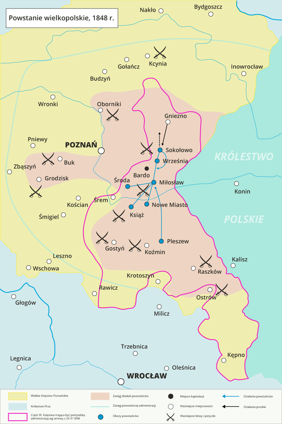 Mapa prezentująca powstanie wielkopolskie z 1848 roku. Zasięg działań powstańców obejmuje tereny wokół miast Grodzisk, Gniezno, Września, Miłosław, Nowe Miasto, Gostyń, Koźmin, Raszków i Ostrów. Tereny te w większości pokrywają się z terenami Wielkiego Księstwa, które miały być pod polską administracją według umowy z 24.04.1848 roku. Ważniejsze bitwy i potyczki: okolice Grodziska i Buku, Oborniki, okolice Sokołowa i Wrześni, Książ, Gostyń, Koźmin, Raszków, Ostrów, Kcynia. Obozy powstańców: Książ, Pleszew, Nowe Miasto, Miłosław, Środa, Września, Sokołowo. Między tymi miejscowościami odbywały się działania powstańców. Działania pruskie odbywały się między Gnieznem a Sokołowem.