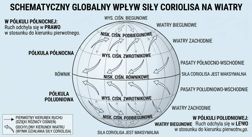 Na ilustracji widoczne jest schematyczne ujęcie kuli ziemskiej, które wyjaśnia, w jaki sposób siła Coriolisa modyfikuje kierunek stałych wiatrów w skali globalnej.
Centralny element: Globus z naniesionymi poziomymi pasami ciśnień: wyżami biegunowymi, niżami podbiegunowymi, wyżami zwrotnikowymi oraz niżem równikowym.
System strzałek: Każdy prąd powietrzny zilustrowano dwiema strzałkami. Strzałka przerywana wyznacza kierunek pierwotny (wynikający z różnicy ciśnień), natomiast strzałka ciągła (zakrzywiona) pokazuje kierunek rzeczywisty po wpływie ruchu obrotowego Ziemi.
Półkula północna: Widoczne jest wyraźne odchylenie wiatrów (biegunowych, zachodnich i pasatów) w prawą stronę względem ich punktu startowego.
Półkula południowa: Ilustracja pokazuje, że wiatry ulegają odchyleniu w lewą stronę, co zmienia tor pasatów południowo‑wschodnich oraz wiatrów zachodnich i biegunowych.