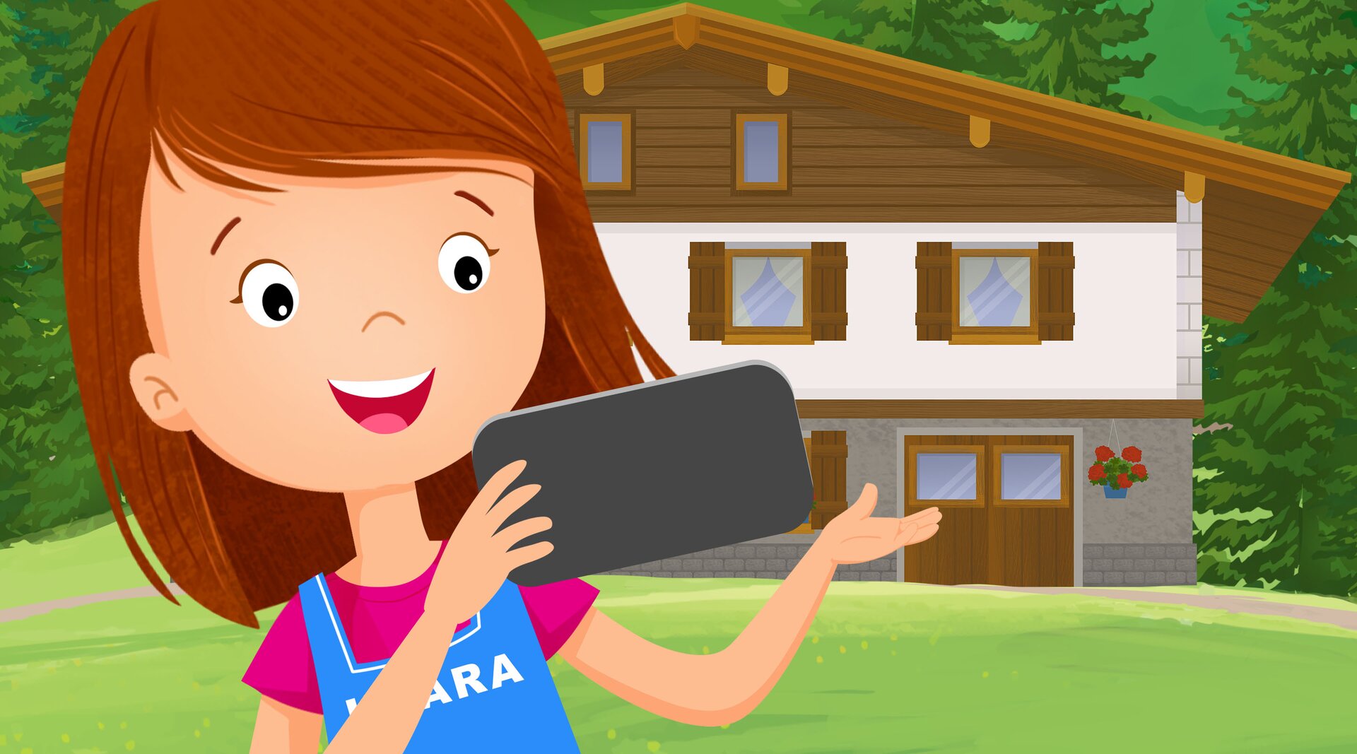 Ilustracja przedstawia dziewczynkę z telefonem w ręce, która pokazuje znajomym dom w górach.