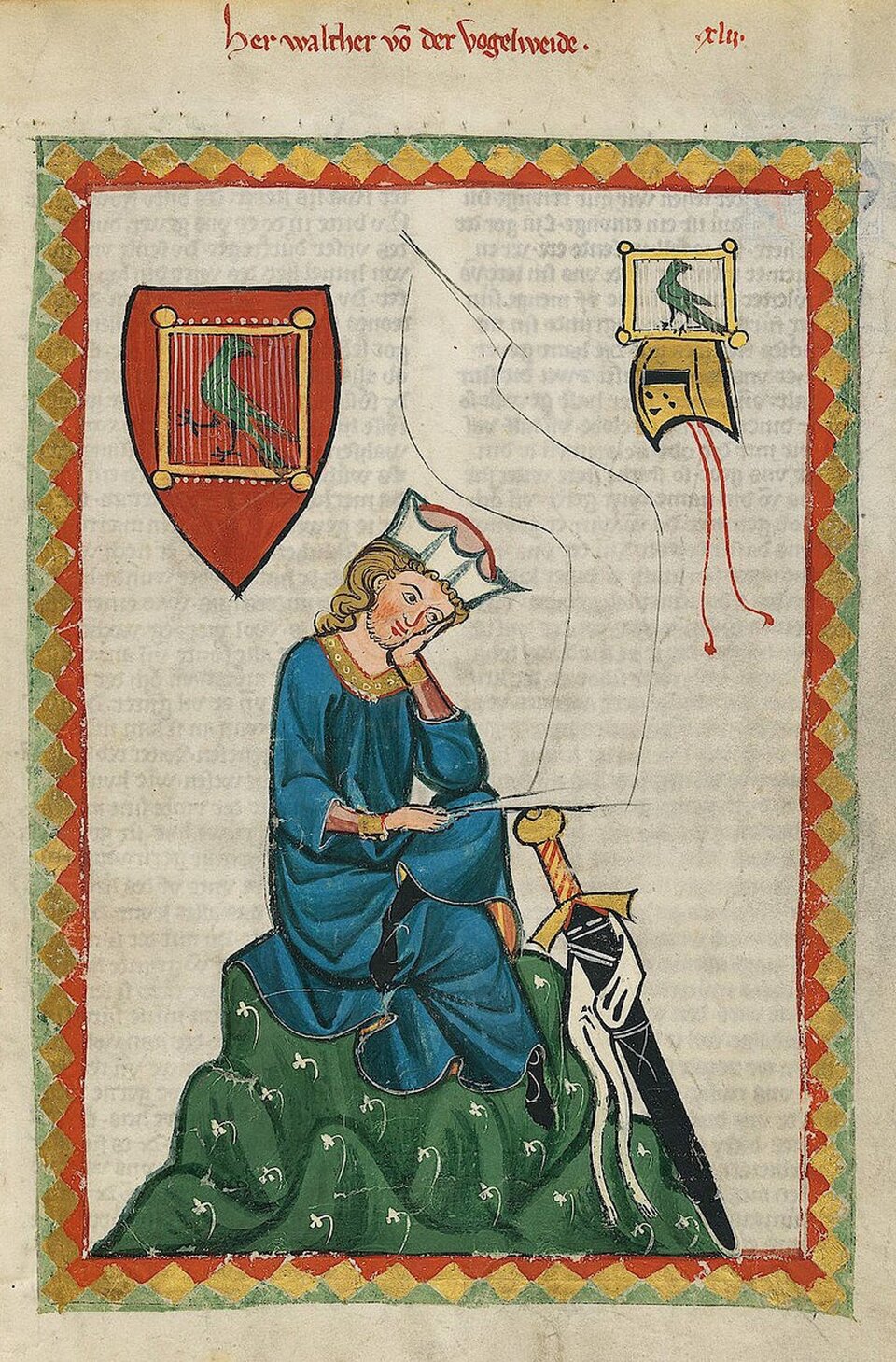Ilustracja przedstawia: średniowieczna miniatura przedstawiająca Minnesingera Walther von der Vogelweide. Postać w niebieskiej szacie, na głowie, wspartej o dłoń, ma koronę. U boku postaci znajduje się miecz.
