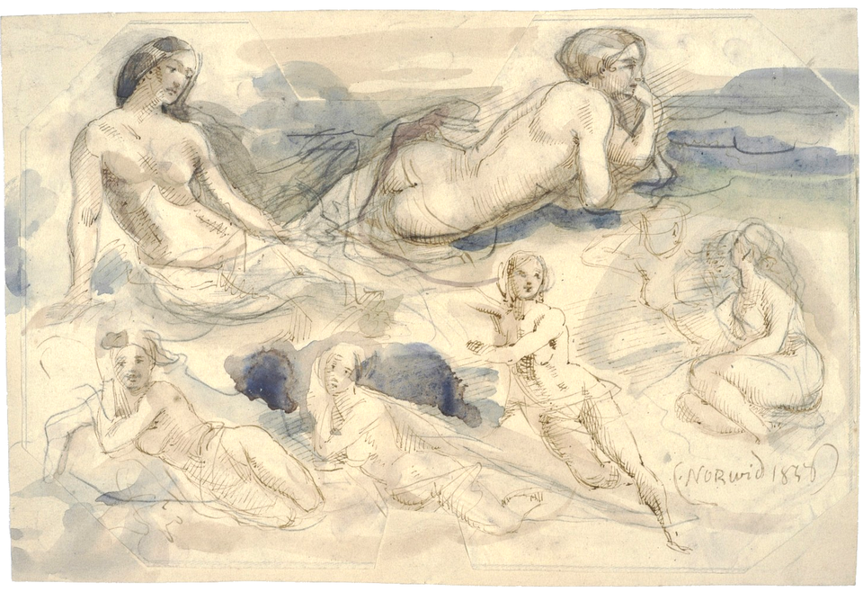 Szkic przedstawia sześć aktów kobiecych. Postacie kobiet znajdują się w różnych pozycjach: częściowo leżą, częściowo siedzą. Ciała kobiet są nagie, niekiedy tylko fragmentami przesłonięte kawałkami materiałów.