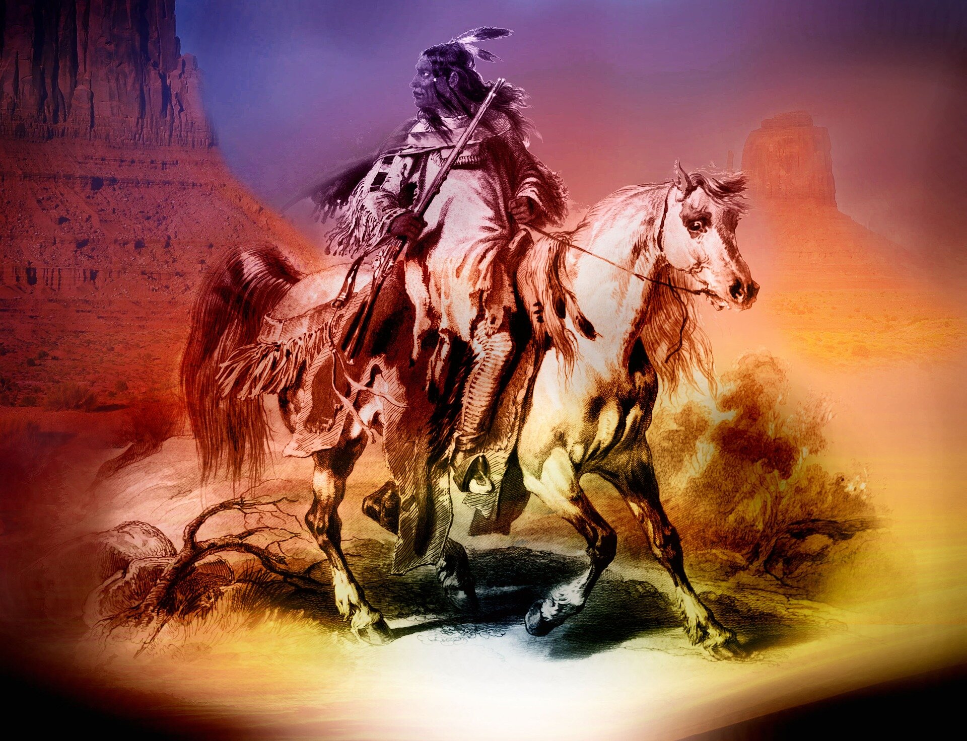 Ilustracja przedstawia Indianina na koniu. Ma on długie włosy i bródkę w kolorze czarnym. Na głowie ma przepaskę, do której przymocowane zostały dwa pióra. Ubrany jest w długą, luźną szatę. Na nogach ma obcisłe spodnie, które sięgają mu do kostek. Stopy trzyma w strzemionach siodła. Koń jest umięśniony, jasnego umaszczenia. W tle widoczne są zarysy piaskowych gór. Ilustracja jest wielobarwna - przeważają kolory tęczy.