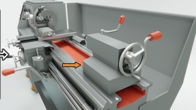 Ilustracja przedstawia konik na tokarce, obok konika znajduję się pomarańczowa strzałka.