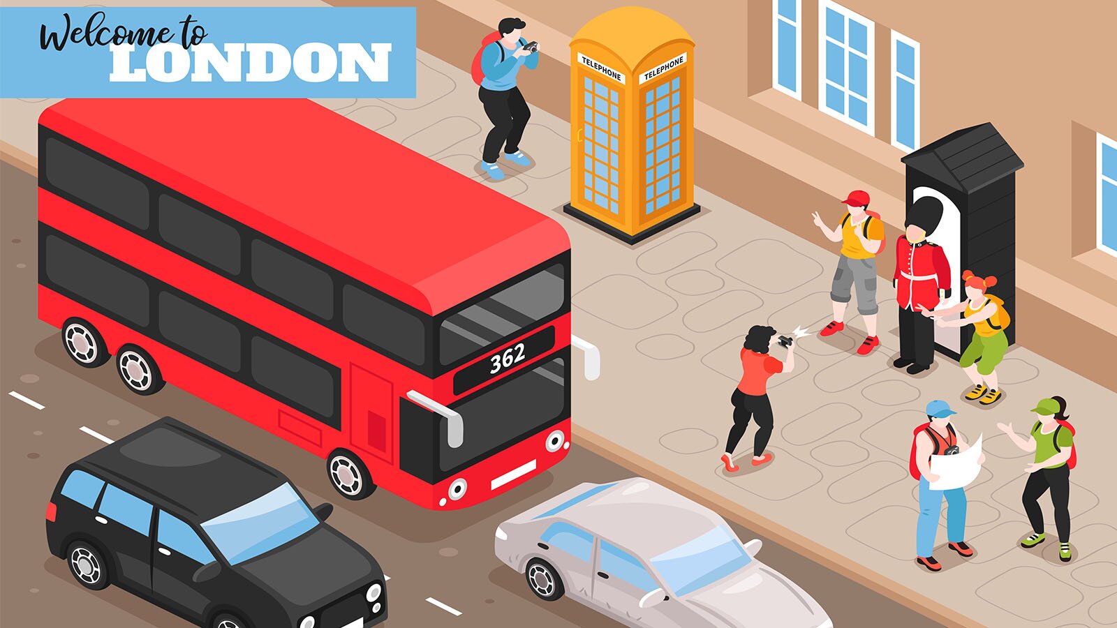 Grafika przedstawia londyńska ulicę, po której jedzie czerwony, dwupiętrowy autobus. Na chodniku stoi budka telefoniczna, obok której jest przedstawiciel straży królewskiej. 