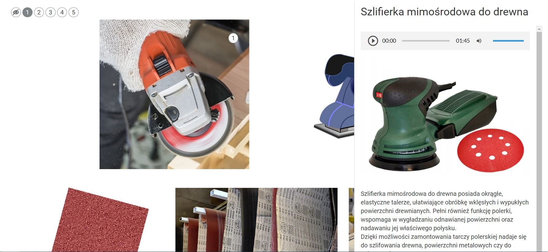 Grafika prezentuje przykładowy wygląd planszy ze znacznikami oraz odtwarzacza audio. Znajdują się na niej zdjęcia pierwszej części planszy. Każde z nich posiada znacznik. Znaczniki znajdują się również w górnym lewym rogu ekranu. Po prawej stronie ramka ze zdjęciem szlifierki mimośrodowej oraz jej opisem i paskiem odtwarzania audio.