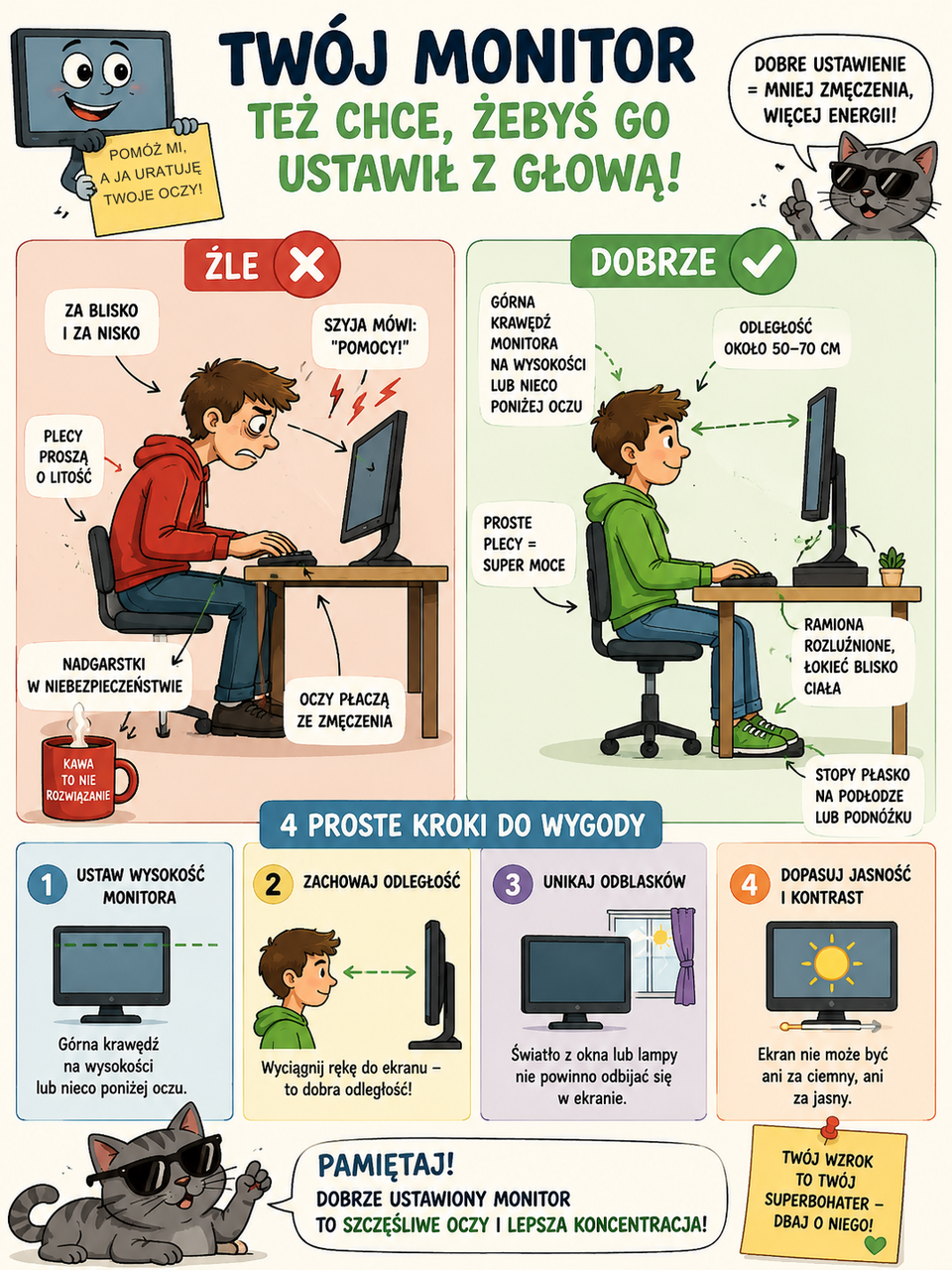 Infografika przedstawia dobre i złe nawyki siedzenia przy monitorze.