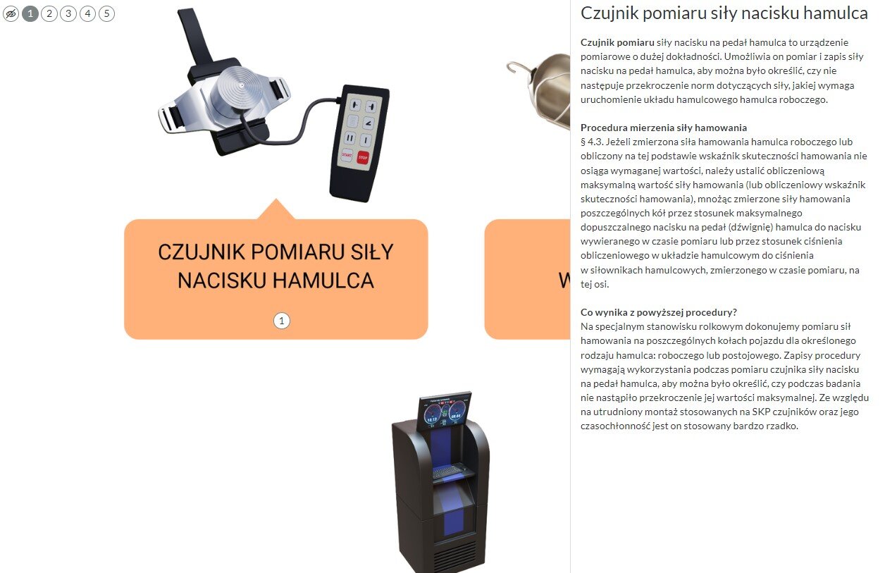 Grafika przedstawia fragment ilustracji z zaznaczonym na niej elementem, jakim jest czujnik pomiaru siły nacisku hamulca. W prawym oknie znajduje się tekst informujący o czujniku pomiaru siły nacisku hamulca. W lewym górnym rogu numeracja pozostałych urządzeń.