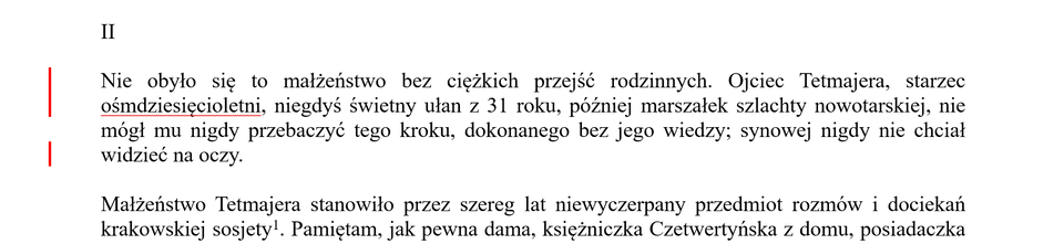 Ilustracja przedstawia fragment dokumentu w programie  Microsoft Word . Tekst dokumentu ma kolor czarny, dwie czerwone, pionowe linie na marginesie dokumentu wskazują, gdzie wprowadzono zmiany. 
