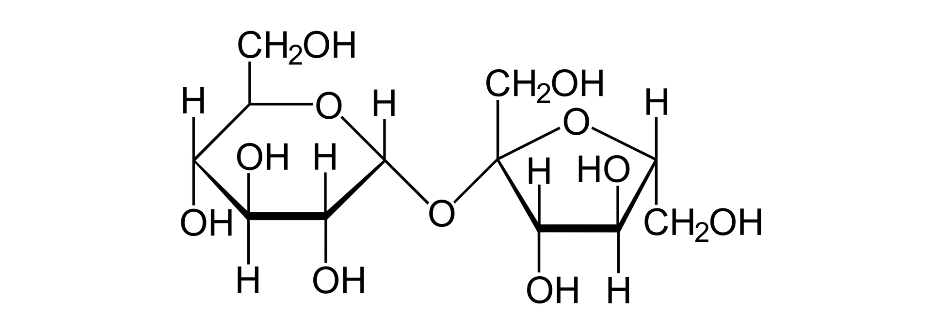 Ilustracja przedstawia wzór zbudowany z połączonych ze sobą w poziomie: sześcioczłonowego i pięcioczłonowego pierścienia. Pierścień sześcioczłonowy leży po lewej stronie wzoru. Wzory łączą się za pośrednictwem atomu tlenu. Sześcioczłonowy pierścień zbudowany jest między innymi z jednego atomu tlenu, czterech atomów wodoru, trzech grup OH, jednej grupy                C       H                 2                O     H    . Pięcioczłonowy pierścień jest zbudowany między innymi z jednego atomu tlenu, trzech atomów wodoru, dwóch grup OH, dwóch grup                C       H                 2                O     H    .    