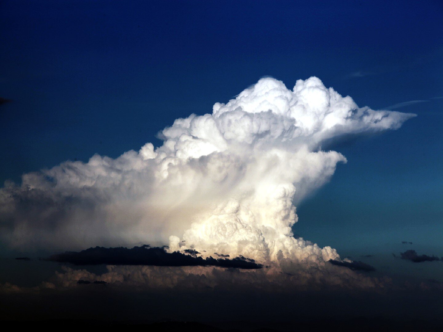 Fotografia przedstawia chmurę na ciemno niebieskim niebie. Jest duża, gruba, kłębiasto-deszczowa, sięga od piętra dolnego do wysokiego.