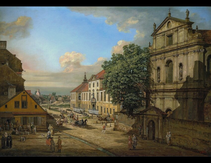 Obraz przedstawia ulicę Długą w Warszawie. Spacerują po niej ludzie oraz jeżdżą powozy konne. Po prawej stronie znajduje się budynek za murem, kościół. W tle widać budynek Arsenału.