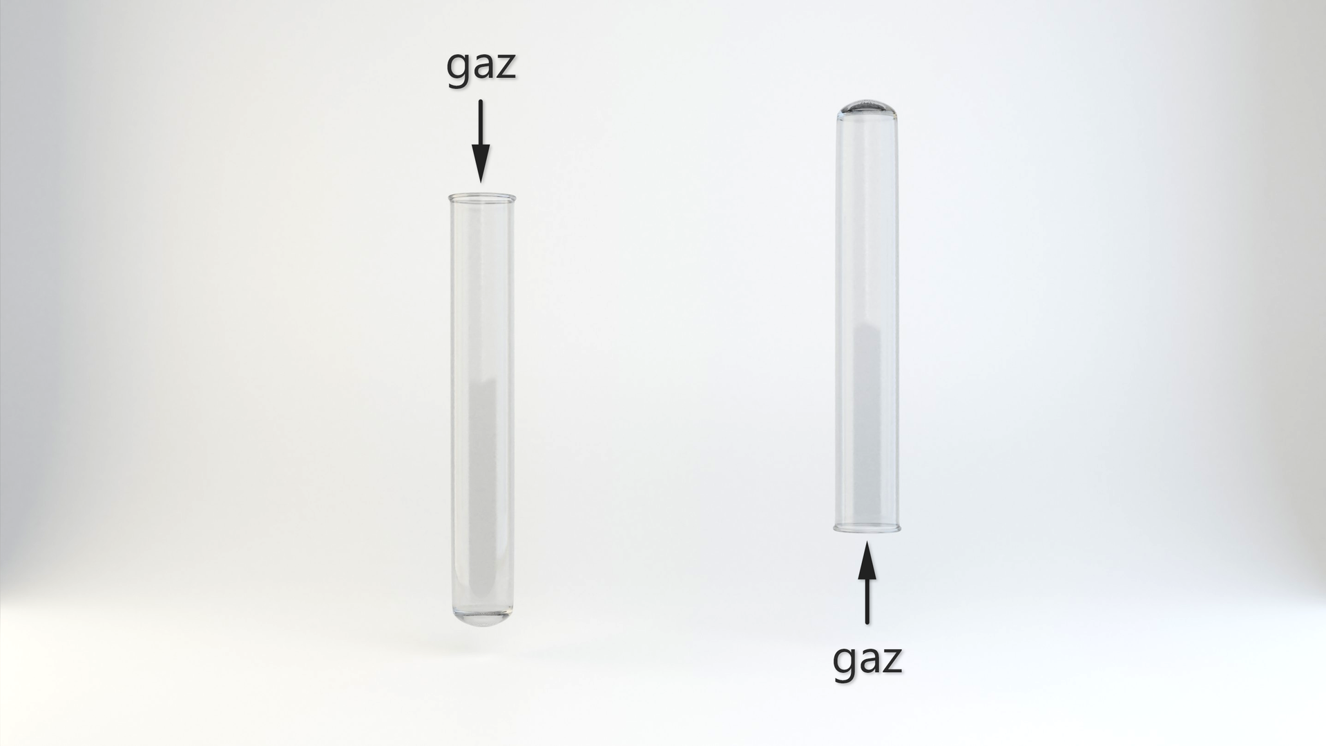 Ilustracja przedstawia dwie probówki ustawione pionowo. Pierwsza, po lewej stronie posiada wylot u góry, do którego wnętrza skierowana jest strzałka w dół opisana "gaz". Druga probówka, po prawej stronie umieszczona jest do góry dnem, zaś do jej wnętrza poprowadzona jest strzałka skierowana do góry opisana jako "gaz".