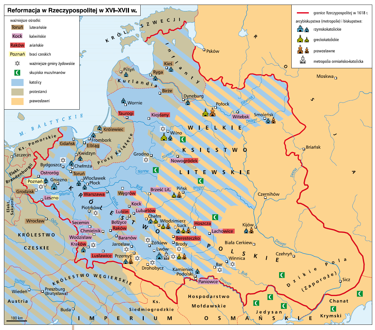 Mapa przedstawia reformację w Rzeczypospolitej w XVI‑XVII wieku. Ukazano najważniejsze ośrodki luterańskie takie jak: Kieś, Ryga, Birże, Królewiec, Elbląg, Gdańsk, Toruń, Grodzisk, Węgrów; kalwińskie: Klejdany, Witebsk, Nowogródek, Ostroróg, Leszno, Nowogródek, Brześć Litewski, Kock, Lublin, Lubartów, Secemin, Chmielnik, Wodzisław, Kraków, Baranów, Bełżyce, Lachowice, Paniowce; ariańskie: Taurogi, Klejdany, Nowogródek, Warszawa, Węgrów, Lubartów, Lublin, Kraków, Lusławice, Raków, Beresteczko, Hoszcza, Lachowice; braci czeskich: Poznań, Leszno. Ważniejsze gminy żydowskie: Wilno, Grodzisk, Grodno, Piotrków, Kraków, Jarosław, Przemysł, Żółkiew, Drohobycz, Brody, Lwów, Winnica, Bar. Skupiska muzułmanów: Wilno, Grodno, Nowogródek, Czehryń.