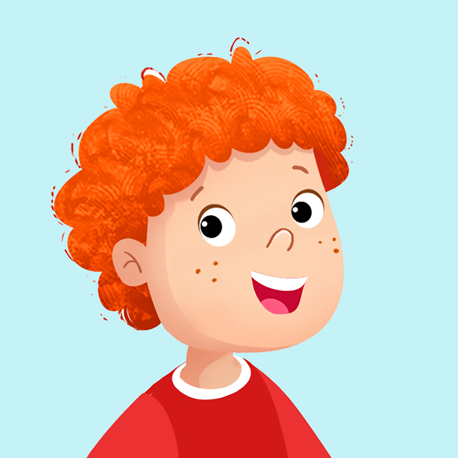 Ilustracja przedstawia brata. Jest rudowłosy i ma piegi. Ubrany jest w czerwoną koszulkę.