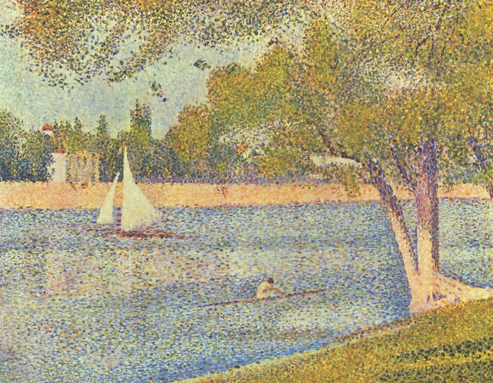 Ilustracja przedstawia obraz Georgesa Seurata „Sekwana i wyspa Grande Jatte - wiosna”. Na ilustracji znajduje się francuska rzeka Sekwana, po której płynie statek. W wodzie widzimy także mężczyznę. Przy brzegu widoczna jest plaża. W tle znajdują się fragmenty budynków. Z prawej strony obrazu widzimy drzewo.