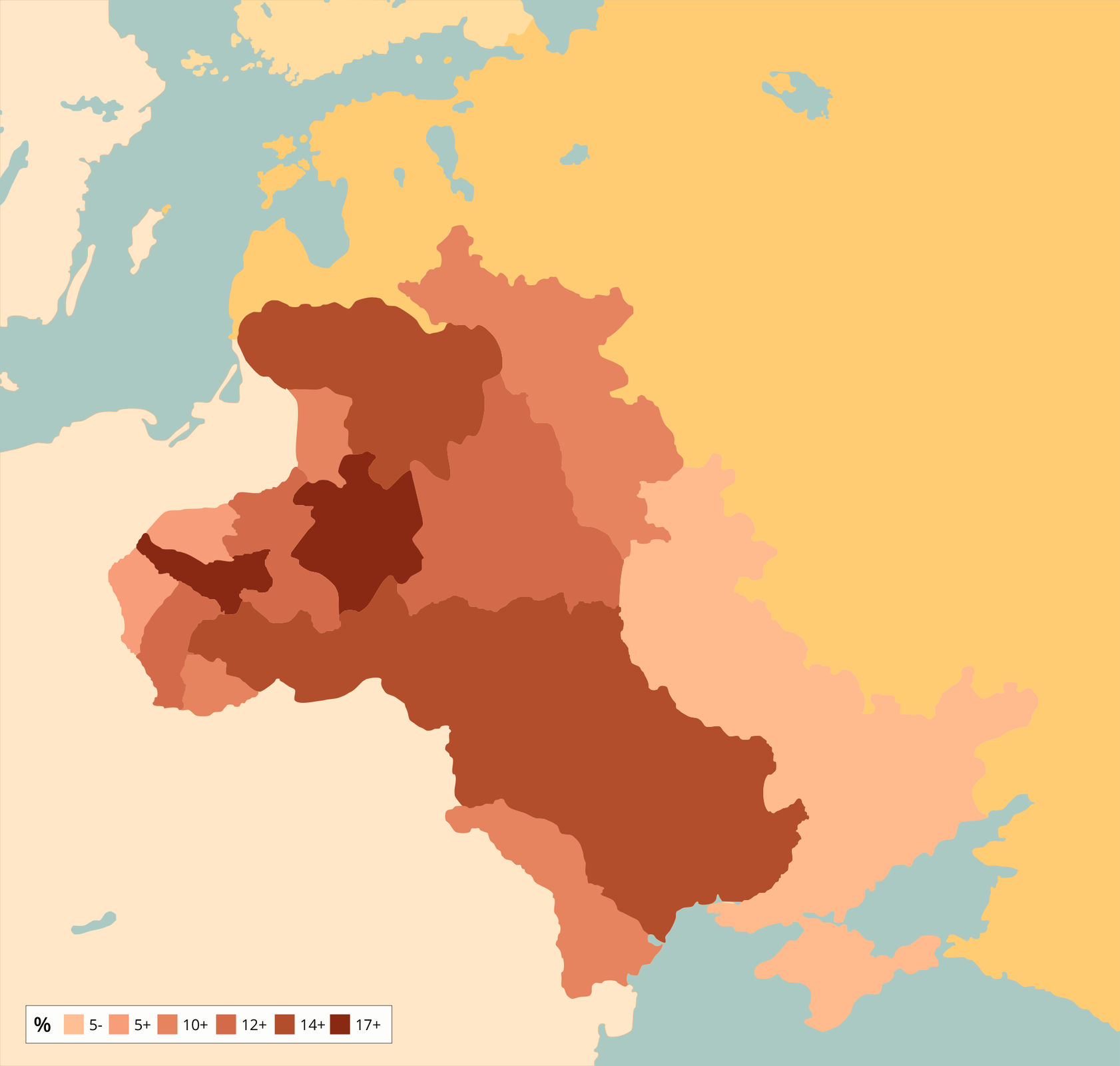 Ilustracja przedstawia mapę Europy Wschodniej. Prezentuje procentowy udział ludności żydowskiej w zachodnich guberniach Cesarstwa Rosyjskiego. Jest to obszar rozciągający się od Morza Czarnego na południu do okolic brzegu Morza Bałtyckiego na północy. Więcej niż 17 procent ludności żydowskiej znajduje się w środkowo‑zachodniej części obszaru. Od 14 do 17 procent ludności żydowskiej znajduje się w środkowej, południowej i północnej części obszaru. Jest to jednocześnie większość zaznaczonego terenu. Od 12 do 14 procent ludności żydowskiej znajduje się w środkowej i zachodniej części obszaru. Od 10 do 12 procent ludności żydowskiej znajduje się  w południowo‑zachodniej, północno‑wschodniej i zachodniej części obszaru. Od 5 do 10 procent ludności żydowskiej znajduje się w zachodniej części obszaru. Mniej niż 5 procent ludności żydowskiej znajduje się we wschodniej i południowej części obszaru.
