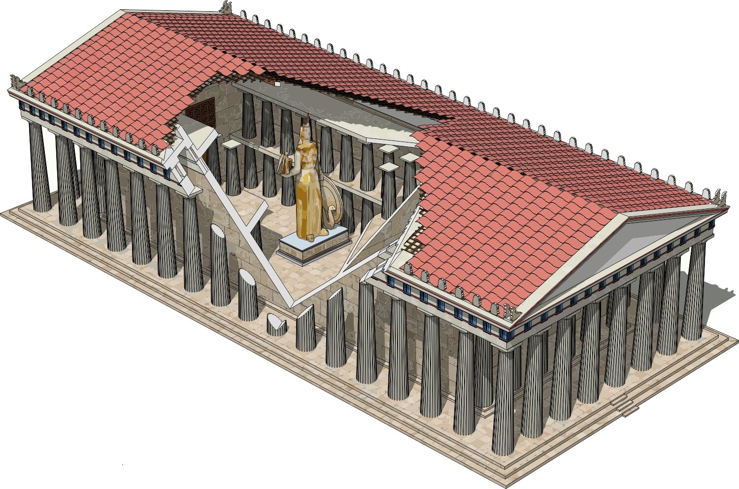 Ilustracja przedstawia schematyczny przekrój przez świątynię grecką na planie prostokąta. Widok z góry. Pokryty czerwonymi dachówkami dwuspadowy dach wsparty jest na kamiennych kolumnach. Zewnętrzny, dłuższy bok świątyni wsparty jest na jednym rzędzie kolumn. Węższe boki prostokąta posiadają podwójny rząd kolumn, zwieńczony tympanonem. Część dachu jest otwarta i widać przez nią wnętrze świątyni, gdzie po środku stoi rzeźba w kolorze złotym przedstawiająca postać kobiety trzymającej na ręku ptaka. Po prawej stronie figury widoczny fragment otoku tarczy. Dookoła niej widoczna kolumnada w porządku doryckim, wykonana w kolorze szarym. 