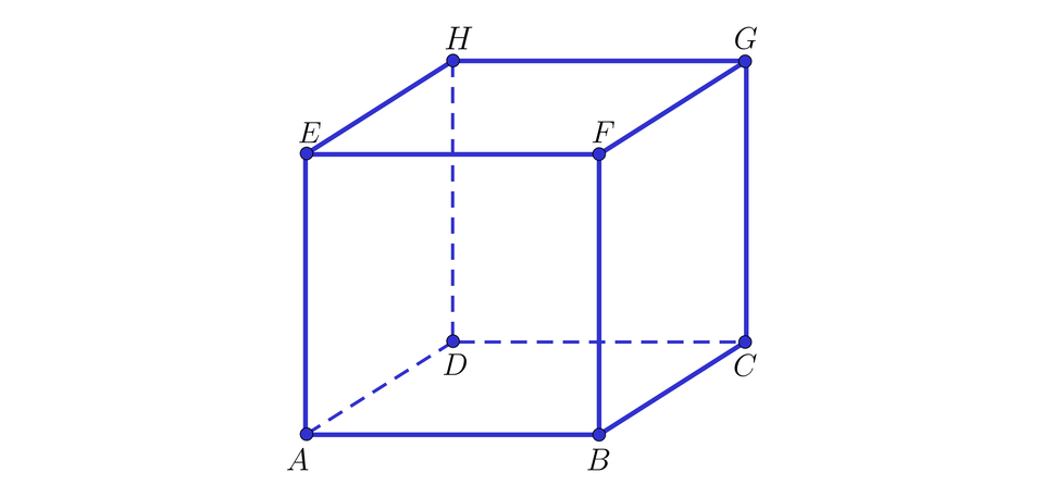 Grafika przedstawia sześcian o wierzchołkach dolnej podstawy: A, B, C, D i górnej podstawy E, F, G oraz H.