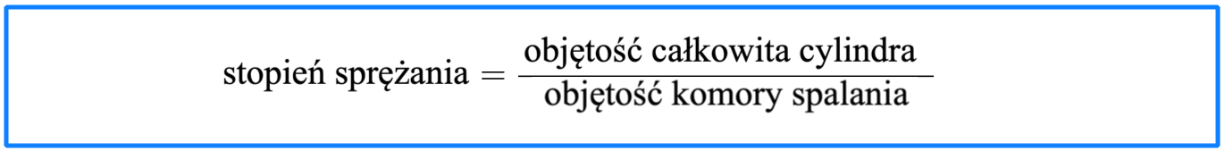 wzór w ramce. stopień sprężania równa się objętość całkowita cylindra podzielić na objętość komory spalania