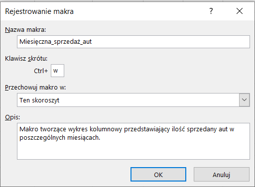 Ilustracja przedstawia okno o nazwie Rejestrowanie makra. W polu o nazwie Nazwa makra wpisano Miesięczna_sprzedaż_aut. W Klawiszu skrótu wpisano Ctrl+ w. W polu Przechowuj makro w: wpisano Ten skoroszyt. W polu Opis wpisano: Makro tworzące wykres kolumnowy przedstawiający ilość sprzedanych aut w poszczególnych miesiącach. Zastosowano przycisk OK. 