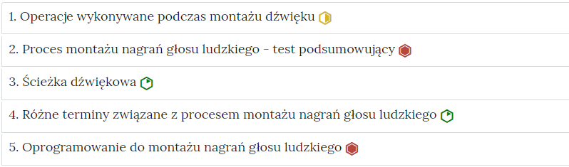Grafika przedstawia widok interaktywnego materiału sprawdzającego, czyli zbioru poszczególnych zadań w formie listy z nazwami zadań, gdzie po kliknięciu w nazwę zadania pojawi się jego zawartość. Na liście, na prawo od nazwy każdego zadania widnieje ikonka informująca o poziomie trudności danego zadania.