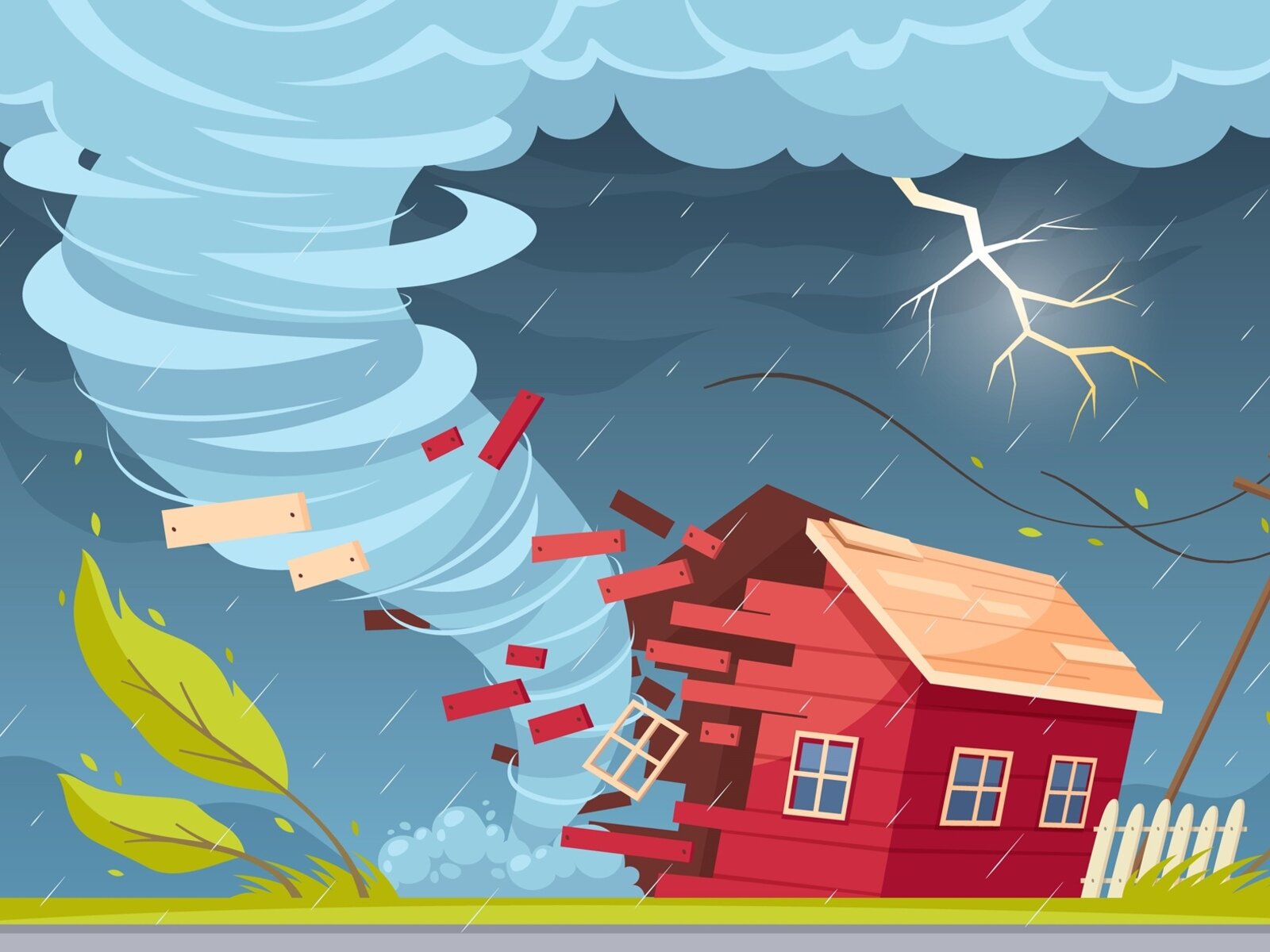 Ilustracja przedstawia drewniany dom, w który właśnie uderzyło tornado, wyrywając z niego okna i zrywając dach. Nad rozpadającym się domem wiszą burzowe chmury, błyska się i pada deszcz. Po prawej stronie znajduje się przewracający się słup wraz z zerwaną linią energetyczną. Po lewej stronie zostały przedstawione dwa drzewa, które uginają się do ziemi pod naporem silnego wiatru.