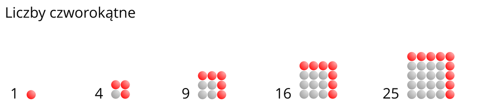 Ilustracja przedstawia graficzną interpretację pięciu kolejnych liczb czworokątnych. Liczby te przedstawione są za pomocą kolorowych kropek: szarych i czerwonych. Liczbę jeden reprezentuje jedna czerwona kropka. Liczbę cztery reprezentują cztery kropki układające się w kształt kwadratu: trzy czerwone i jedna szara. Liczbę dziewięć reprezentuje dziewięć kropek ułożonych w kształt kwadratu: pięć czerwonych i cztery szare. Liczbę szesnaście reprezentuje szesnaście kropek ułożonych w kształt kwadratu: siedem czerwonych i dziewięć szarych. Liczbę dwadzieścia pięć reprezentuje dwadzieścia pięć kropek ułożonych w kształt kwadratu, z czego dziewięć jest czerwonych, a szesnaście szarych. Na czerwono zaznaczone są kropki układające się w górny i w prawy bok kwadratów symbolizujących liczby czworokątne.