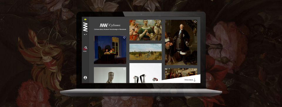 Zdjęcie przedstawia laptop, na którym ukazany jest portal cyfrowe.mnw.art.pl. Po lewej stronie portalu widnieje grafika MNW/ Cyfrowe - Cyfrowe zbiory Muzeum Narodowego w Warszawie. Na ekranie ukazane są ilustracje przedstawiające obrazy. 