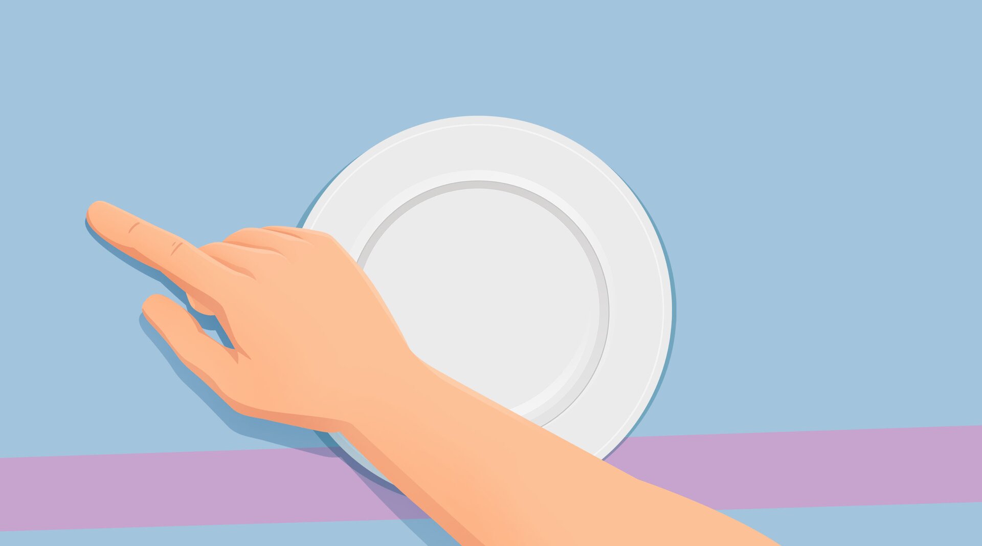 Na ilustracji znajduje się dłoń, która wskazuje palcem lewą stronę talerza.