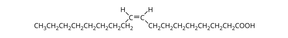 Ilustracja przedstawia wzór kwasu oleinowego. Dwa węgle C połączone są ze sobą wiązaniem podwójnym. Od każdego z nich odchodzi w górę pojedyncze wiązanie do wodoru H. Po lewej, na dole znajduje się ciąg siedmiu grup C H indeks dolny, dwa, koniec indeksu dolnego i grupy C H indeks dolny, trzy, koniec indeksu dolnego połączonych z węglem C po lewej stronie wiązaniem pojedynczym. Po prawej i na dole znajduje się ciąg siedmiu grup C H indeks dolny, dwa, koniec indeksu dolnego i grupy C O O H połączonych z węglem C po prawej stronie wiązaniem pojedynczym.