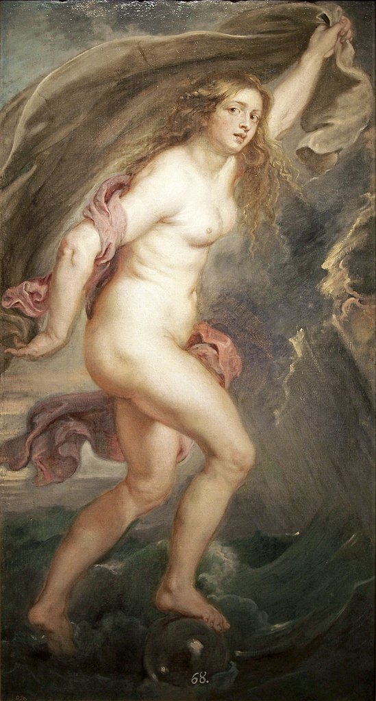 Obraz przedstawia akt kobiecy. Ukazana jest stojąca na fali młoda kobieta. Ma uniesiona lewą rękę,, prawą opuszczoną. Trzyma między nimi szeroki szal. Włosy kobiety są falujące, długie. Prawa noga kobiety oparta jest na niewielkiej, szklanej kuli.