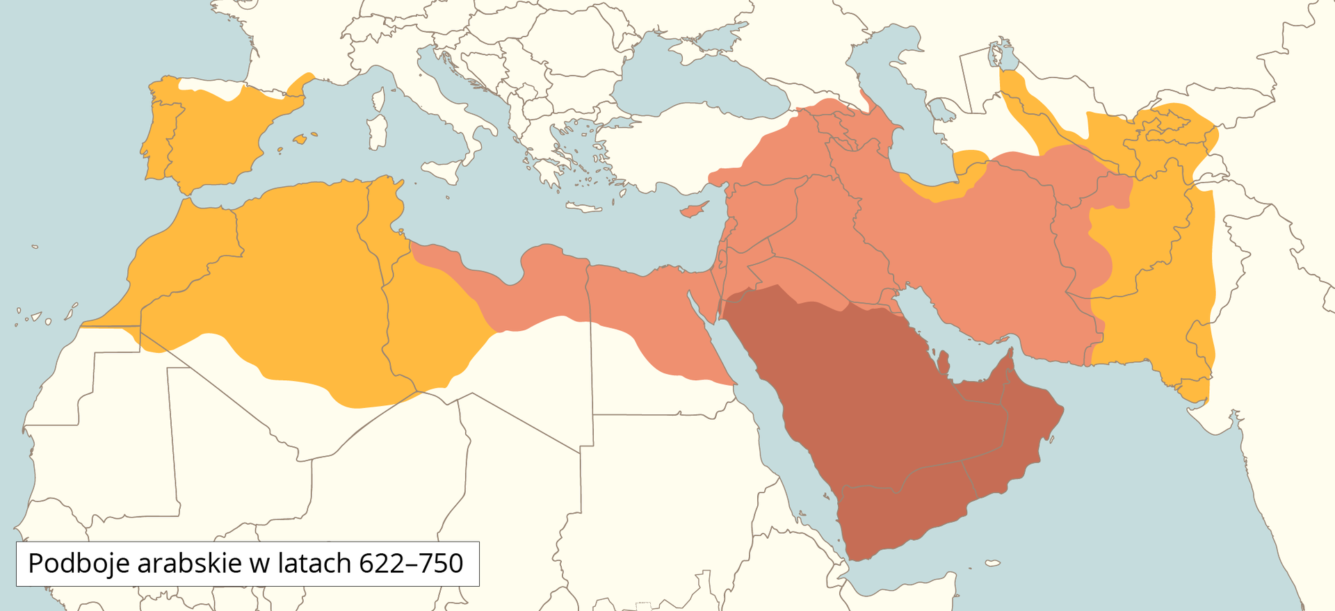 Ilustracja przedstawia mapę Europy Południowej, Afryki Północnej oraz Bliskiego Wschodu ze współczesnym podziałem na kraje. Na mapie zaprezentowano podboje arabskie w latach 622–750. Kolorem ciemnoczerwonym zaznaczono Arabię Saudyjską, Jemen, Oman i Zjednoczone Emiraty Arabskie. Kolorem jasnoczerwonym zaznaczono Palestynę, Izrael, Jordanię, Liban, Syrię, Irak, Iran, Kuwejt, Armenię, Azerbejdżan, południową część Gruzji, wschodnią część Turcji, Cypr, południową część Turkmenistanu, zachodnią część Afganistanu, północną część Egiptu oraz północną część Libii. Kolorem pomarańczowym zaznaczono mały fragment na północy Iranu, obszar na granicy Turkmenistanu i Uzbekistanu, zachodnią część Uzbekistanu, większość Afganistanu, większość Pakistanu, większość Tadżykistanu, zachodnią część Kirgistanu, mały obszar Indii przy granicy z Pakistanem, zachodnią część Libii, Tunezję, większość Algierii, Maroko, Portugalię, większość Hiszpanii oraz mały obszar Francji przy granicy z Hiszpanią.