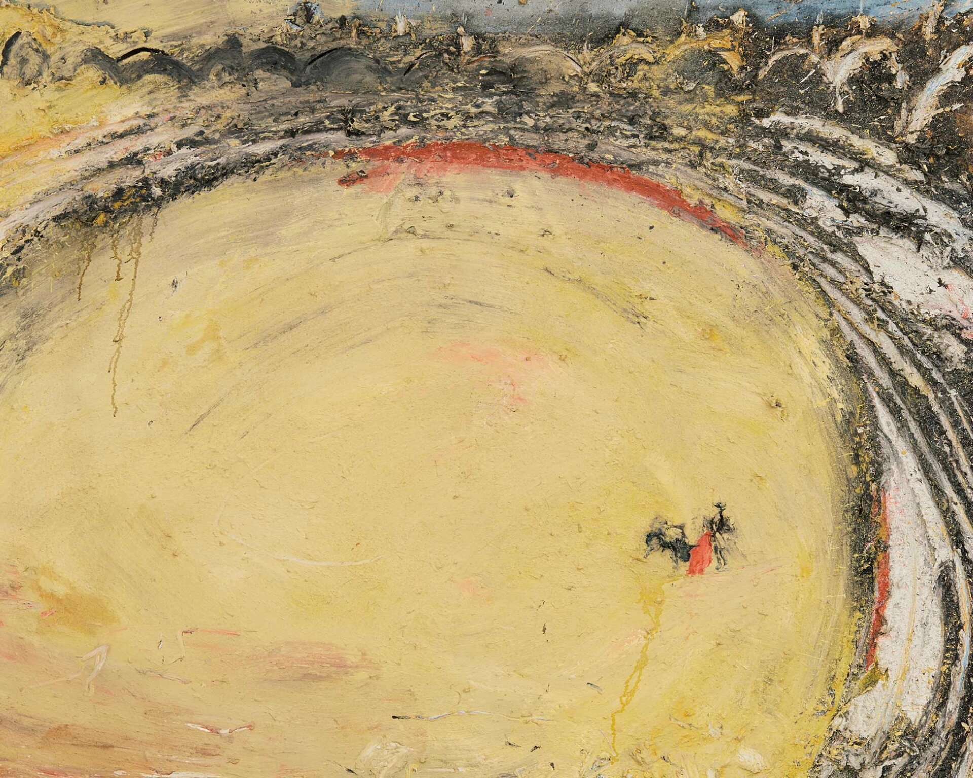 Miquel Barceló, „Muletero” Obraz przedstawia szary, składający się z kilku warstw linii okrąg przypominający wir, w którym przedstawiono żółty okrąg dominujący pracę, nieregularne tło z niewielkimi plamami (szarości i czerwieni) oraz czarno‑czerwony, mały element po prawej stronie. U góry kolor szarości jest znacznie bardziej intensywny, a użyte linie są grubsze i bardziej wyraziste.