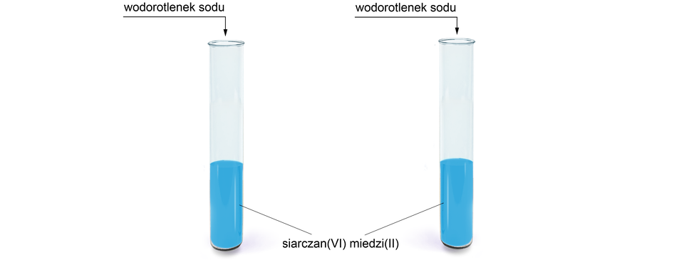 Na ilustracji są dwie probówki. W każdej z nich jest siarczansześć miedzidwa, do probówek dodano wodorotlenek sodu. Roztwór w probówkach ma kolor jasnoniebieski.  