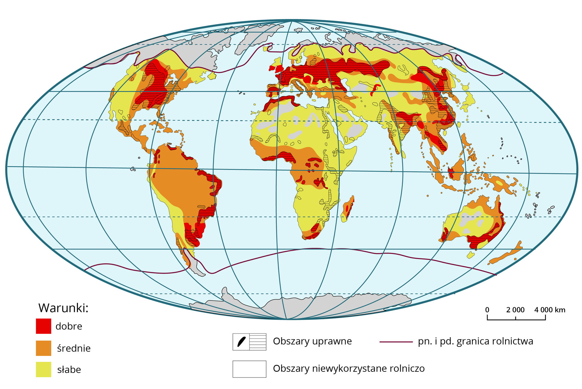 Mapa świata przedstawia warunki klimatyczno glebowe. Warunki dobre występują w środkowej Ameryce Północnej, wschodniej Ameryce Południowej, środkowej Europie, zachodniej i wschodniej Azji, południowej Australii. Warunki średnie występują w południowej i wschodniej Ameryce Północnej, Ameryce Środkowej, północnej i środkowej Ameryce Południowej, środkowo zachodniej Afryce, na Madagaskarze, południowej Europie, Azji południowo wschodniej, północno wschodniej Australii, w Nowej Zelandii. Warunki słabe występują w zachodniej Ameryce Północnej, zachodniej Ameryce Południowej, północnej, wschodniej i południowej Afryce, na Półwyspie Arabskim, w północnej i południowej Azji, środkowej i zachodniej Australii. Na terenach z warunkami dobrymi znajdują się obszary uprawne.