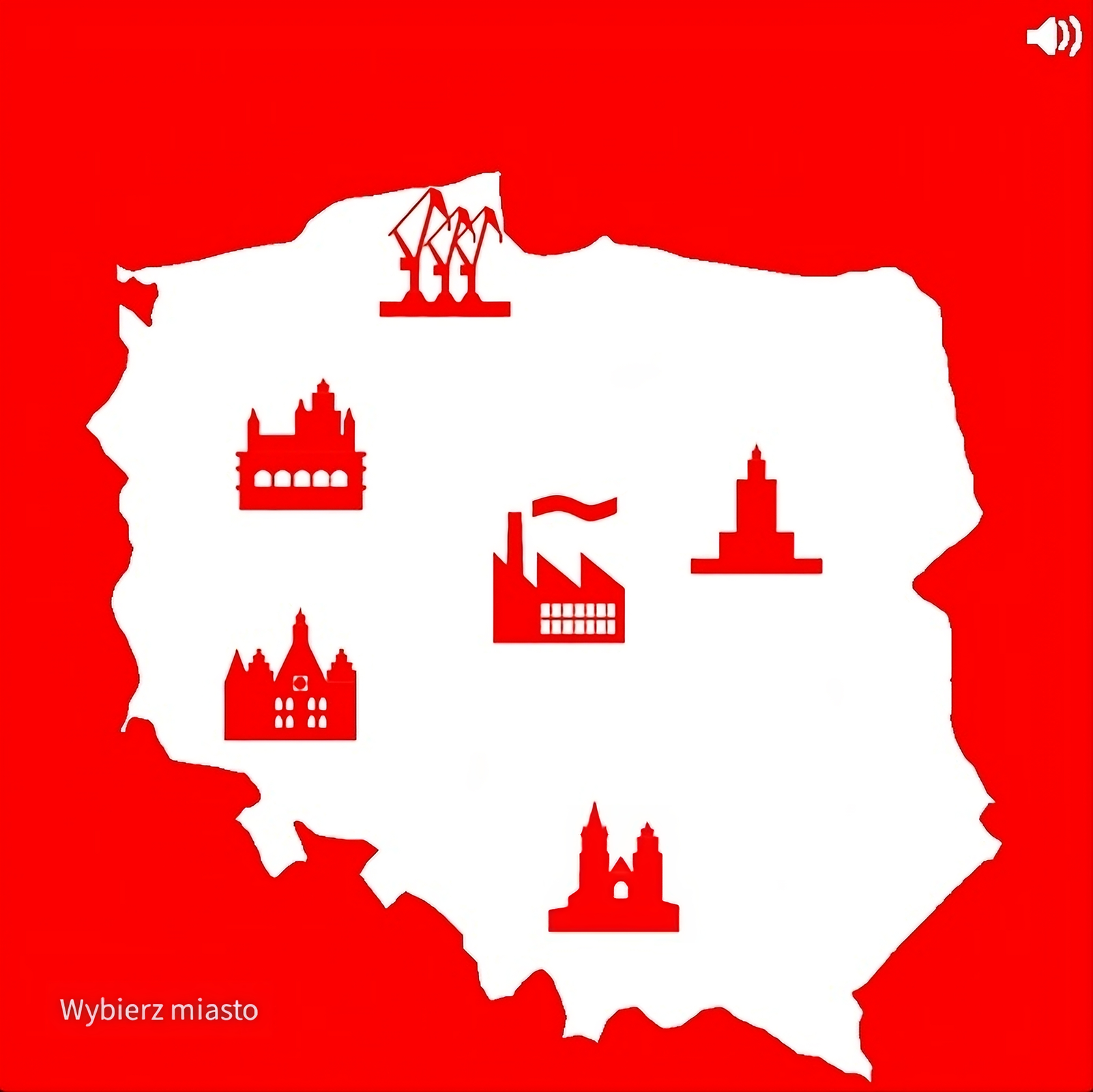 Grafika przedstawia ekran menu głównego przewodnika po największych miastach w Polsce utrzymany w barwach narodowych. Tłem jest mapa Polski. W granicach kraju umieszczone jest sześć charakterystycznych budowli z wybranych miejscowości m.in. Stocznia Gdańska i Płac Kultury.  Pod mapą znajduje się napis "Wybierz miasto". W prawym górnym rogu znajduje się głośniczek. 
